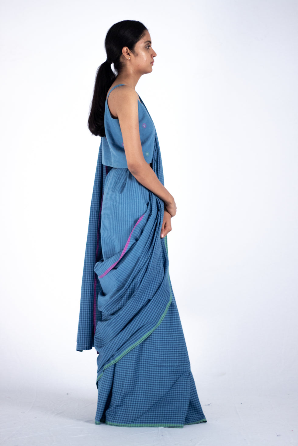 Neelkanth - indigo check stripe saree - Karnam