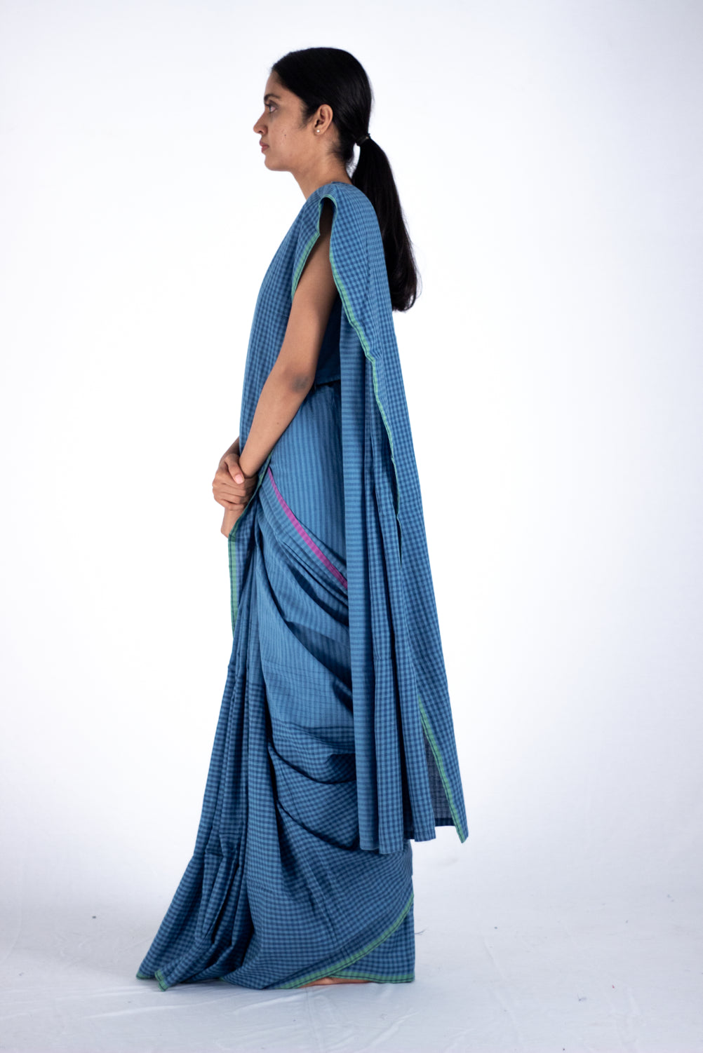 Neelkanth - indigo check stripe saree - Karnam