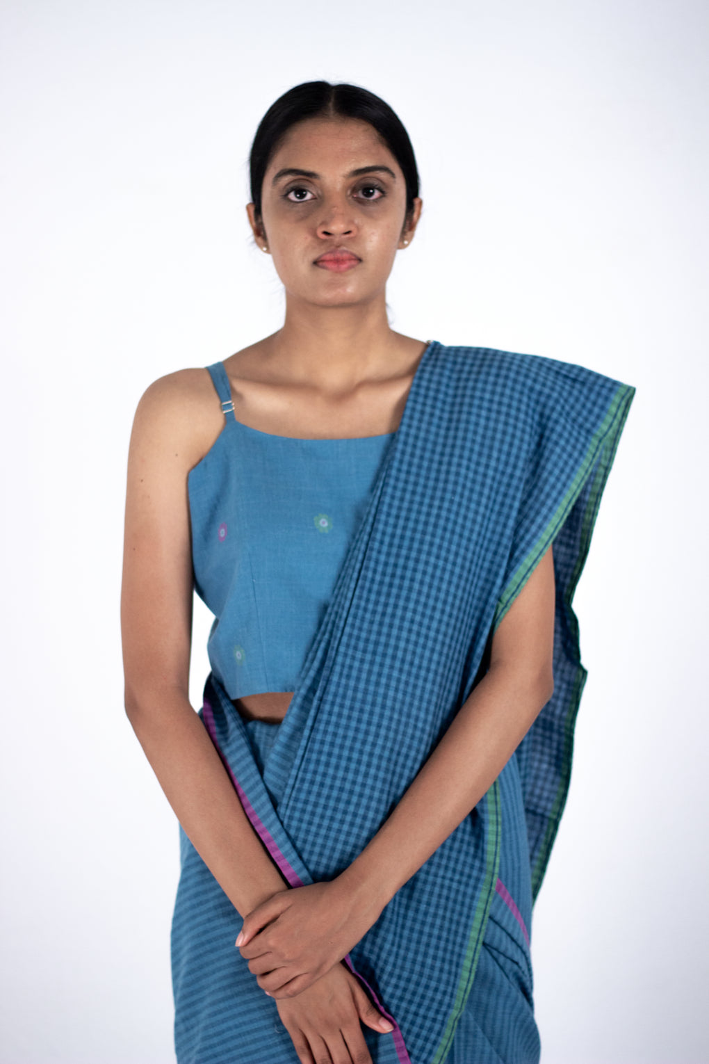 Neelkanth - indigo check stripe saree - Karnam