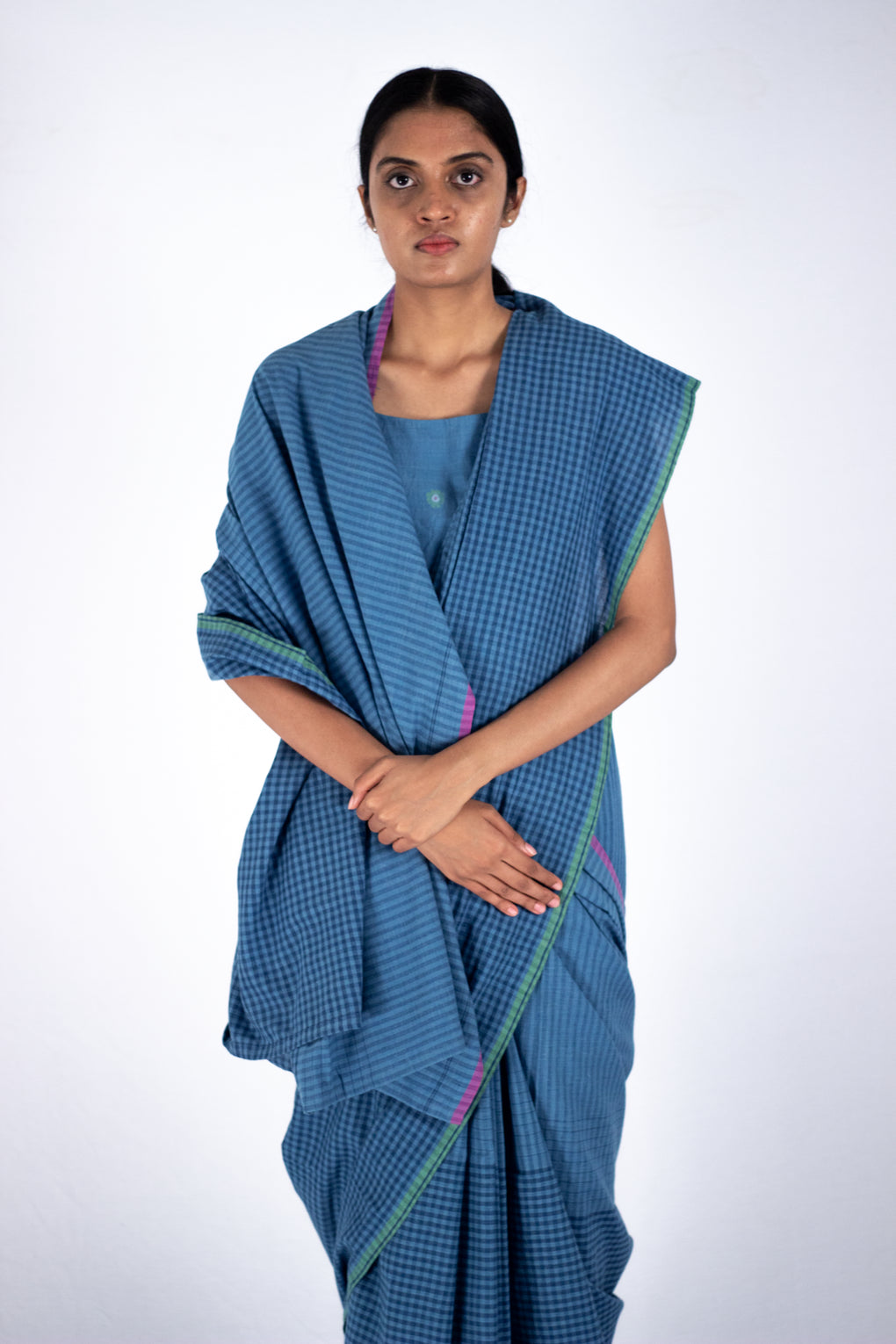 Neelkanth - indigo check stripe saree - Karnam