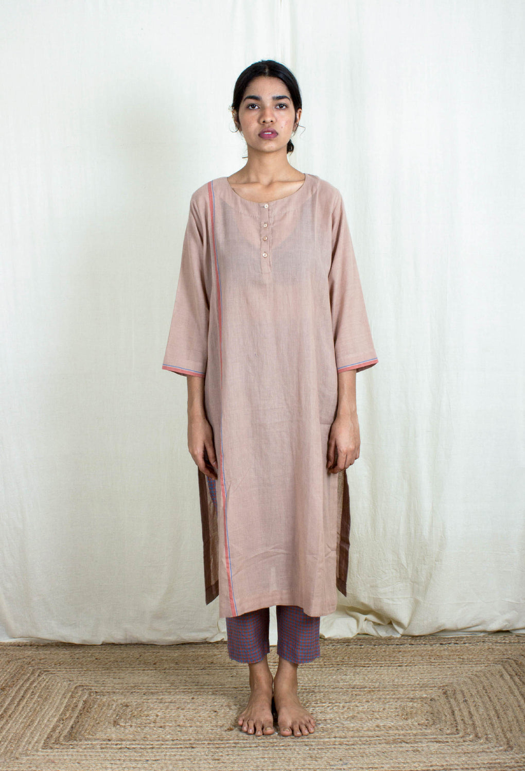 Nesta- Earthy Pink Kurta and Gingham Check Pants - Karnam