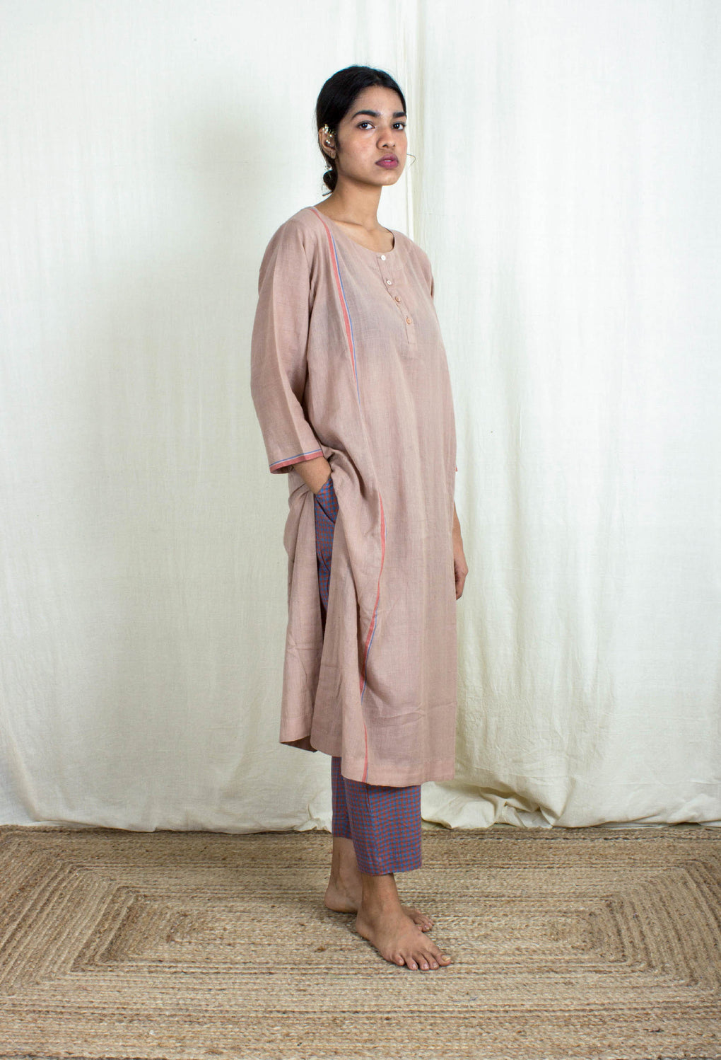 Nesta- Earthy Pink Kurta and Gingham Check Pants - Karnam