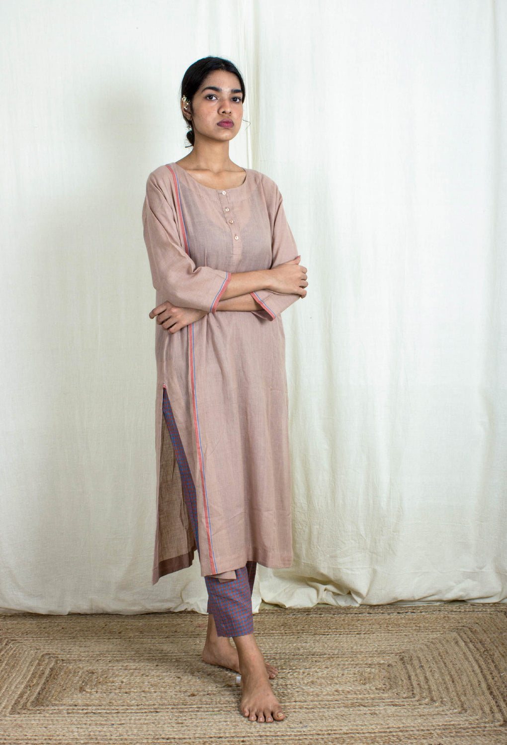 Nesta- Earthy Pink Kurta and Gingham Check Pants - Karnam