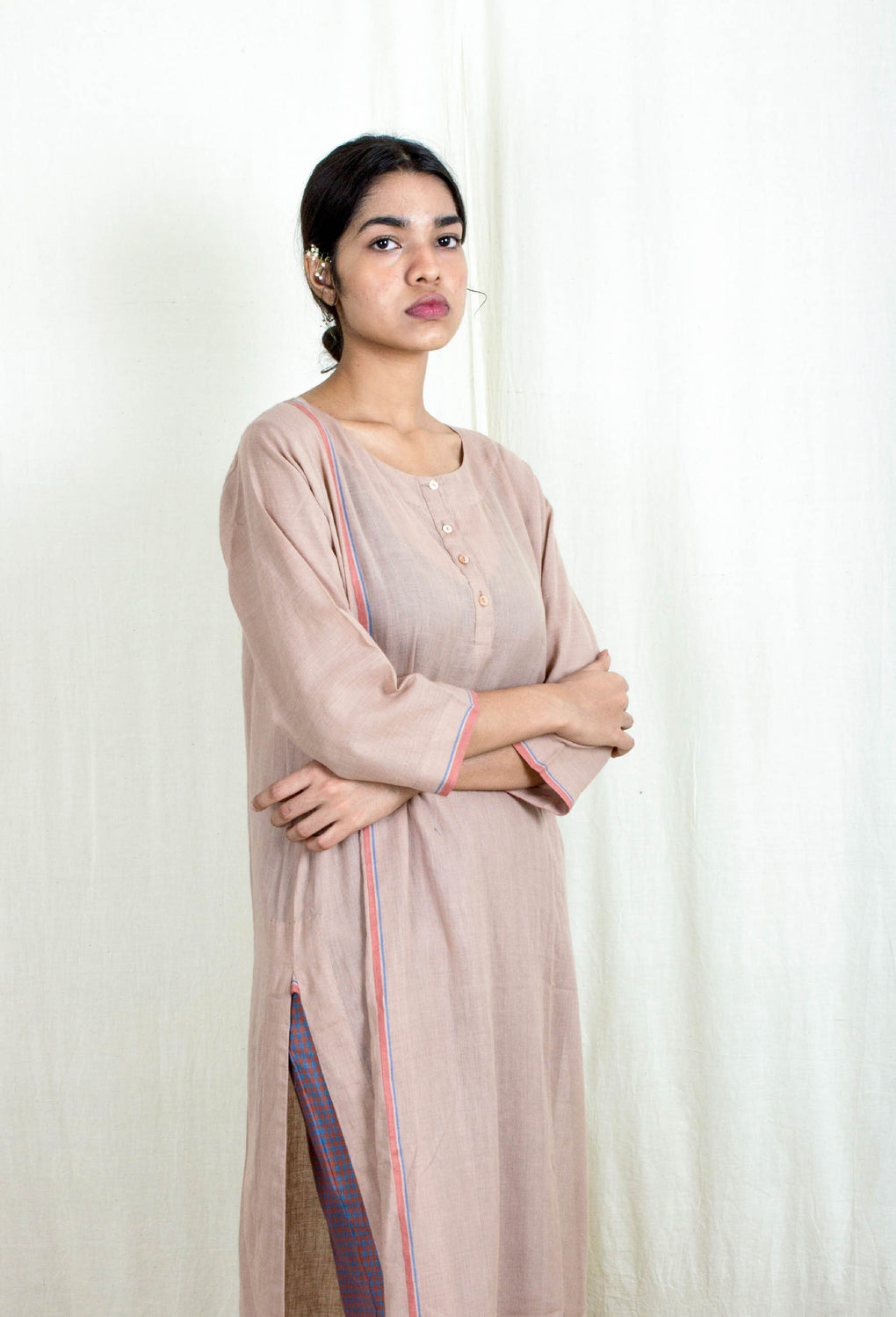 Nesta- Earthy Pink Kurta and Gingham Check Pants - Karnam