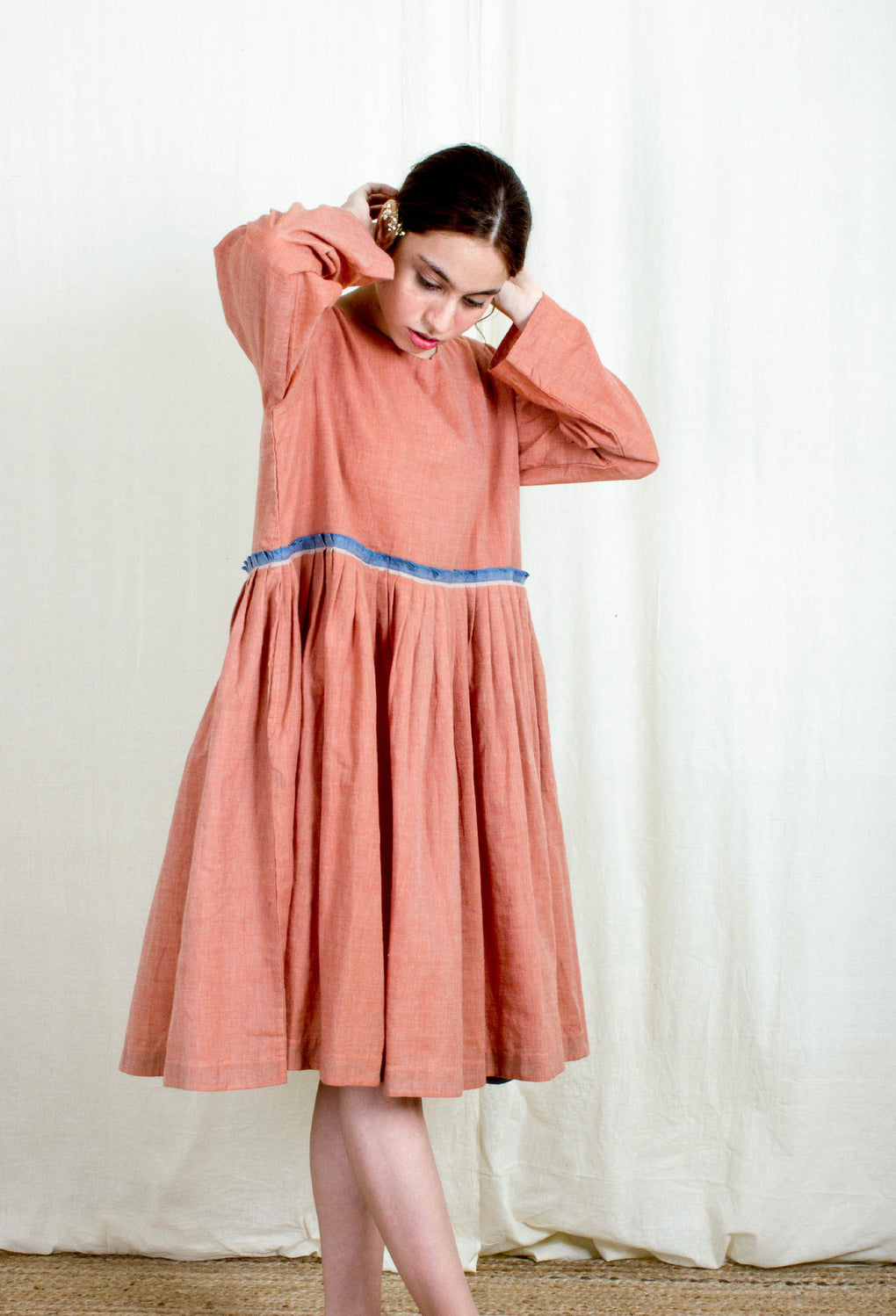 Ambrosial- Pale Pink Selvedge Pleated Dress - Karnam