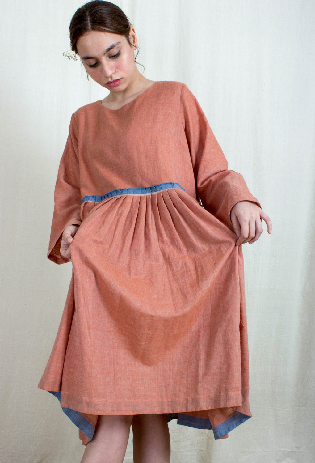 Ambrosial- Pale Pink Selvedge Pleated Dress - Karnam