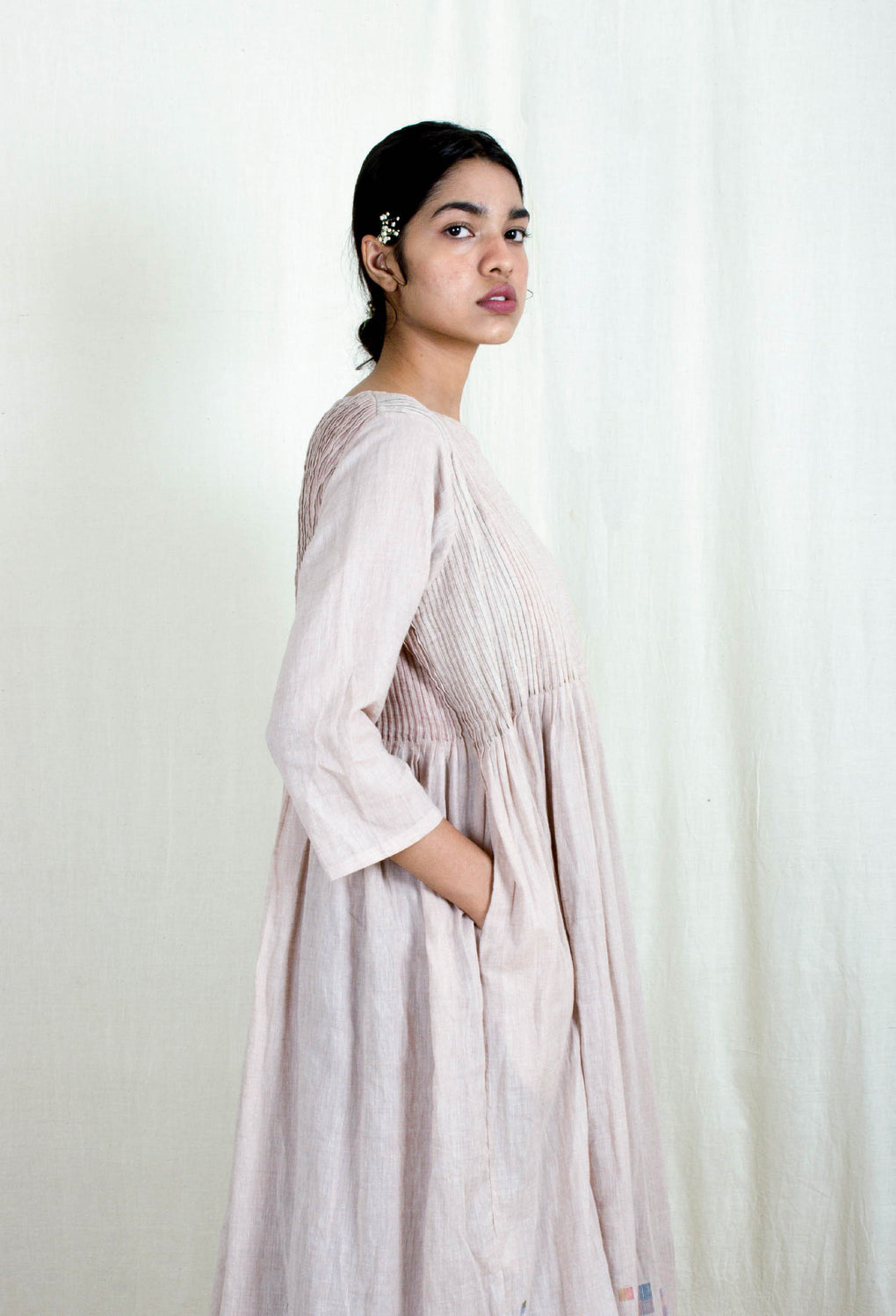 Zephyr - Pleated Light Pale Pink Dress with Gingham Lace Slip - Karnam