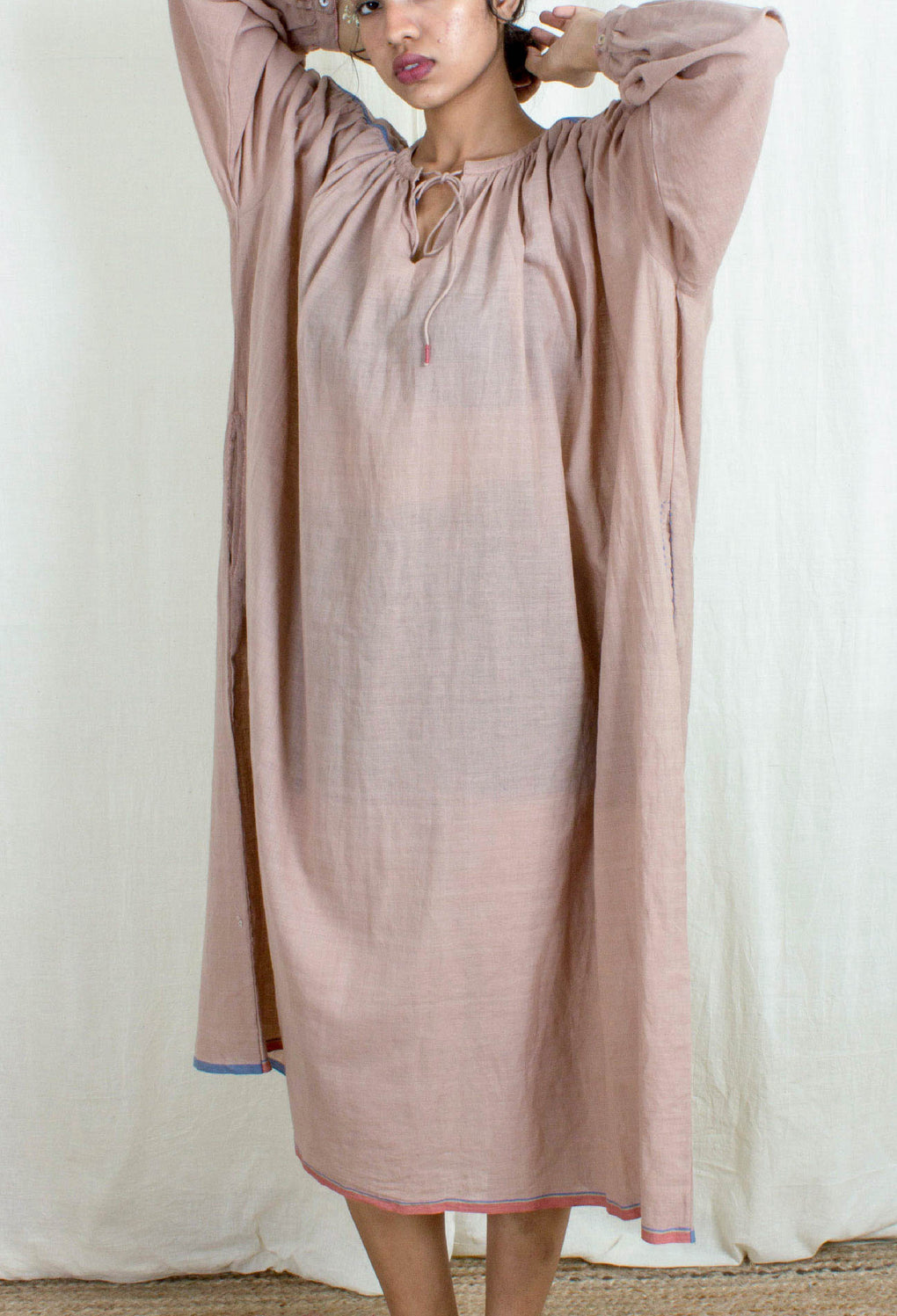 Halcyon - Earthy Pink Neck Gathered Tie Knot Dress - Karnam