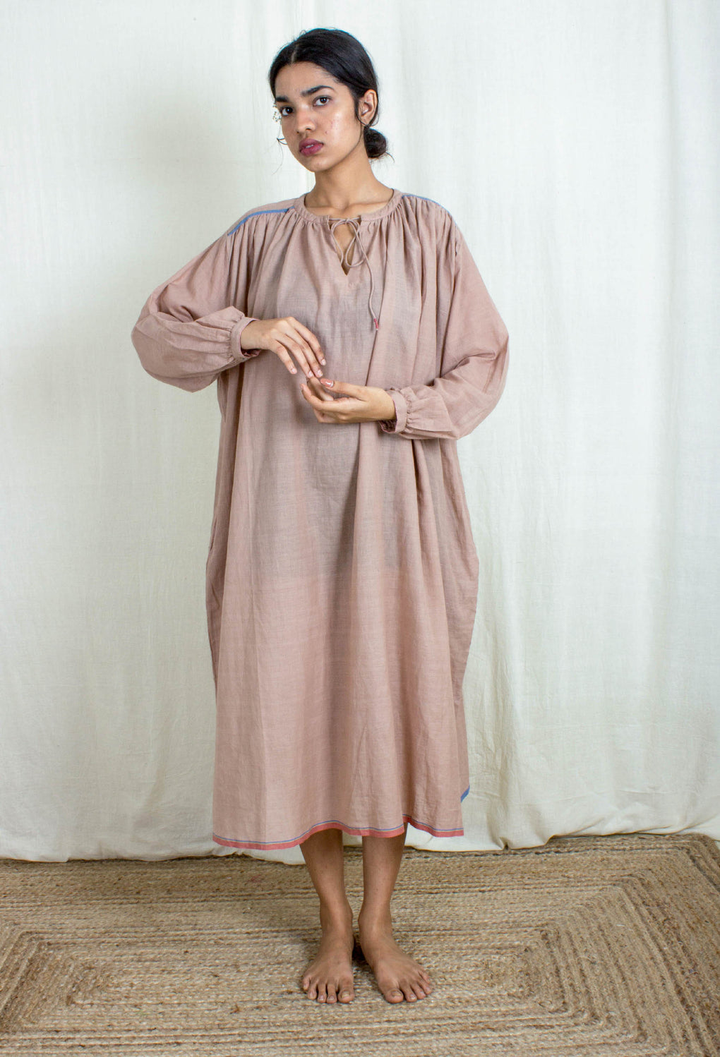 Halcyon - Earthy Pink Neck Gathered Tie Knot Dress - Karnam