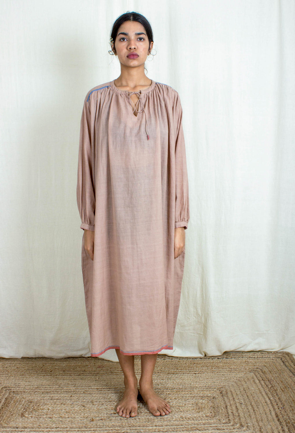 Halcyon - Earthy Pink Neck Gathered Tie Knot Dress - Karnam