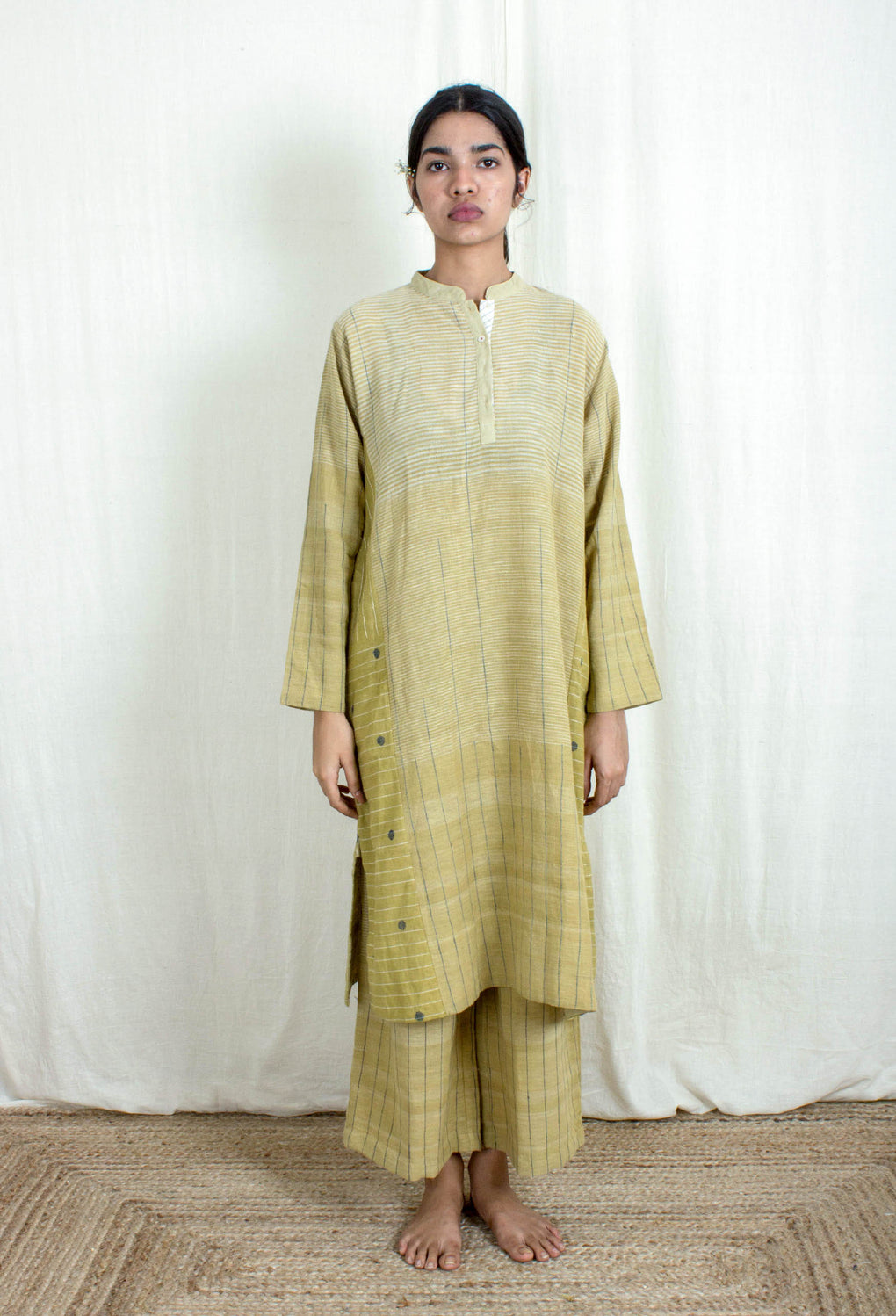 Dritan- Kala Cotton Buta, Stripe Kurta Pant Set - Karnam