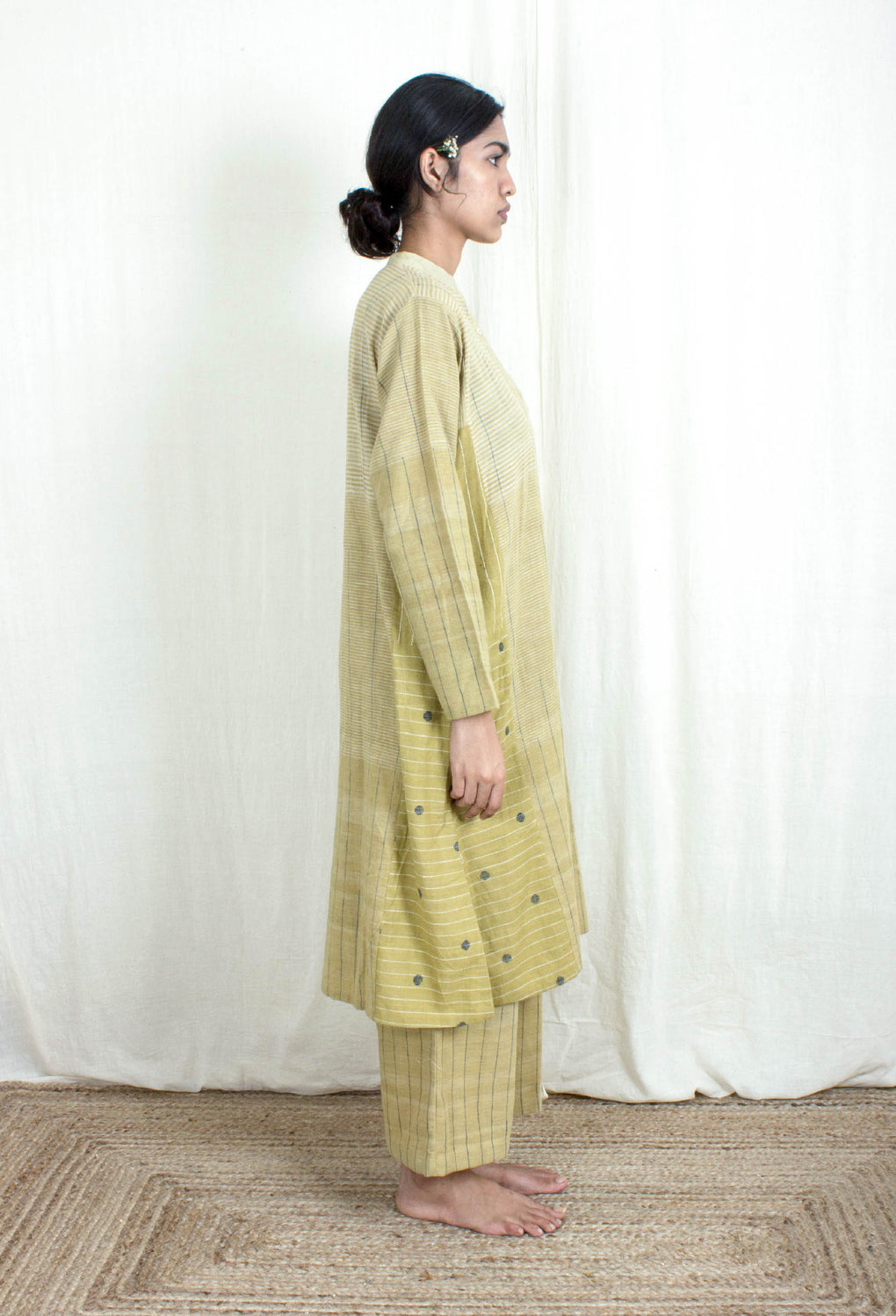 Dritan- Kala Cotton Buta, Stripe Kurta Pant Set - Karnam