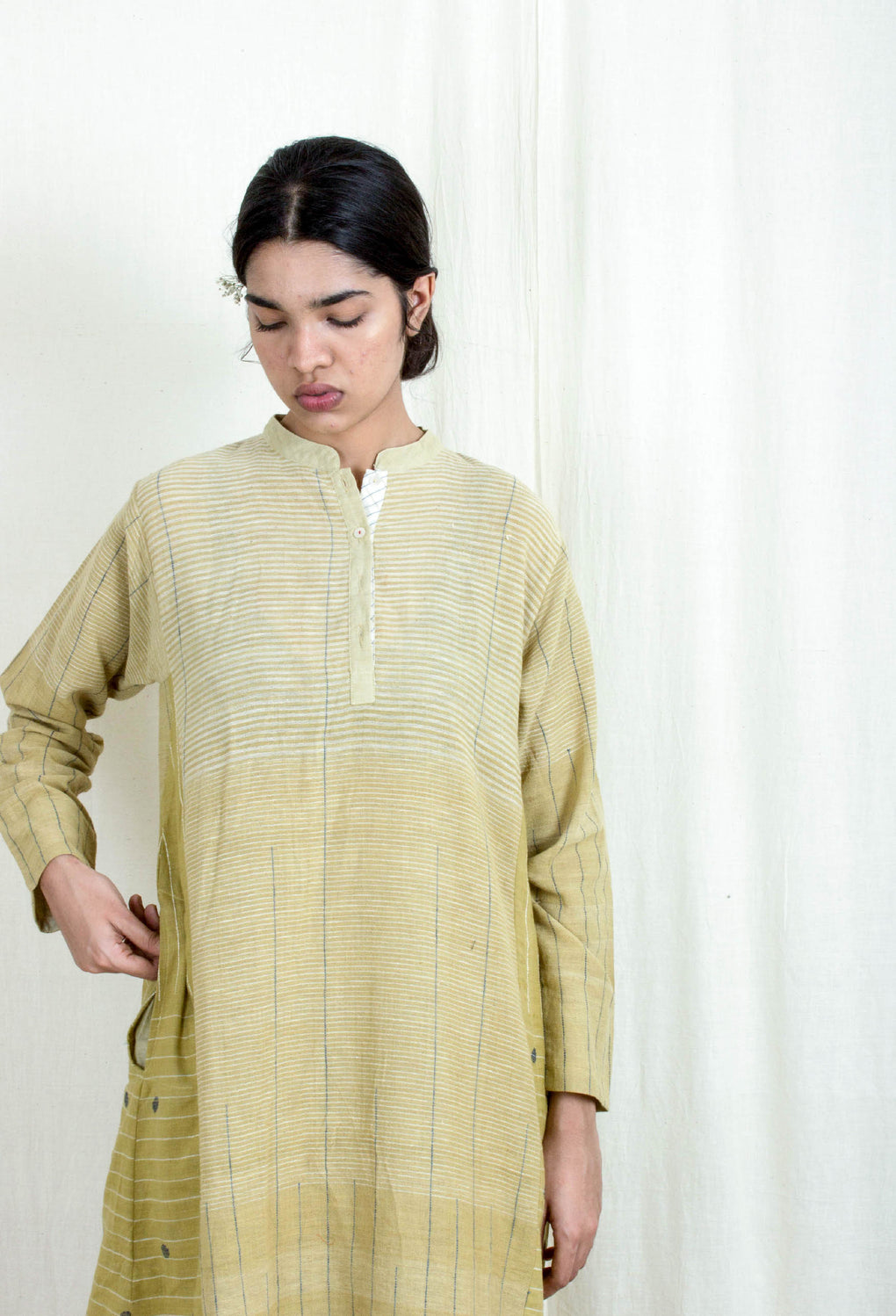 Dritan- Kala Cotton Buta, Stripe Kurta Pant Set - Karnam