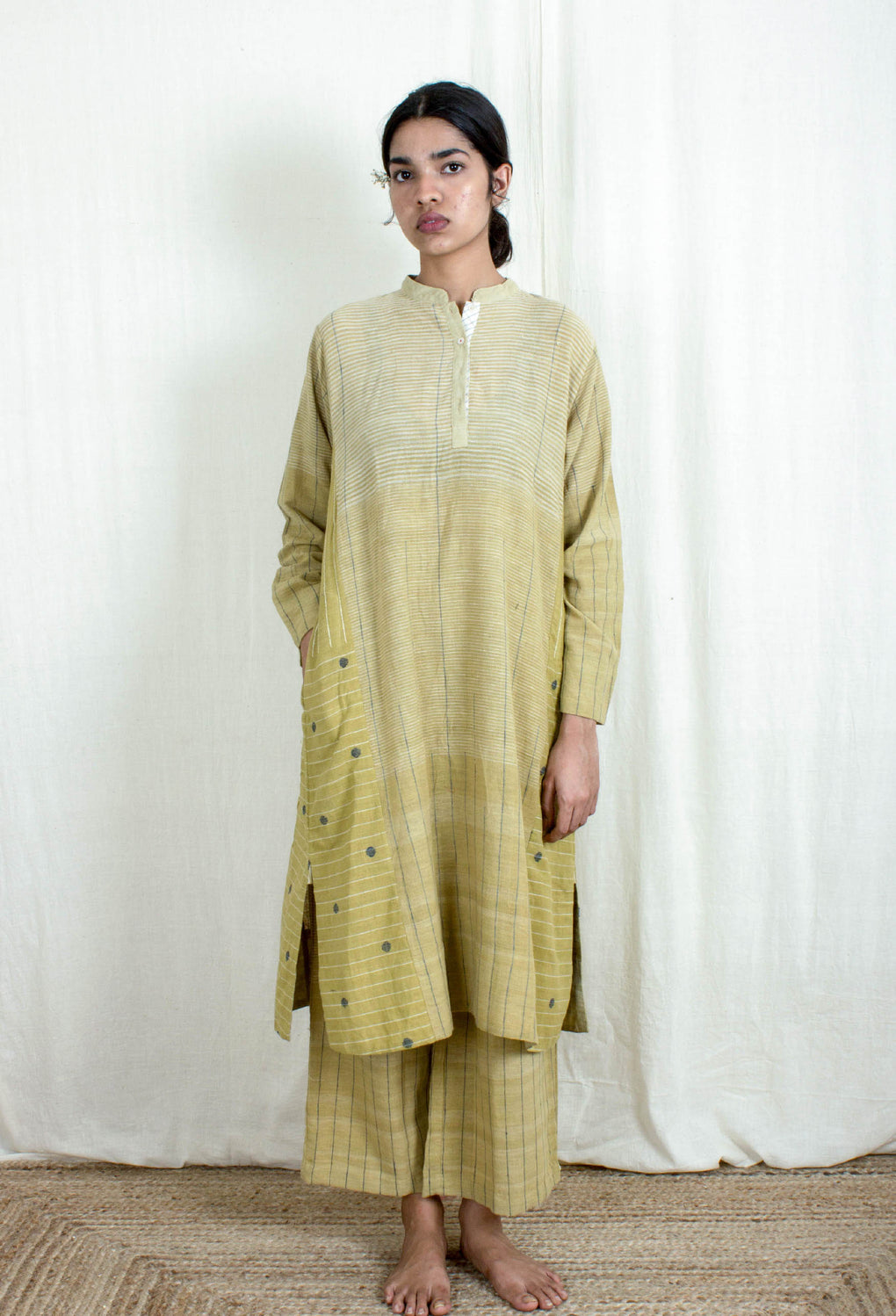 Dritan- Kala Cotton Buta, Stripe Kurta Pant Set - Karnam