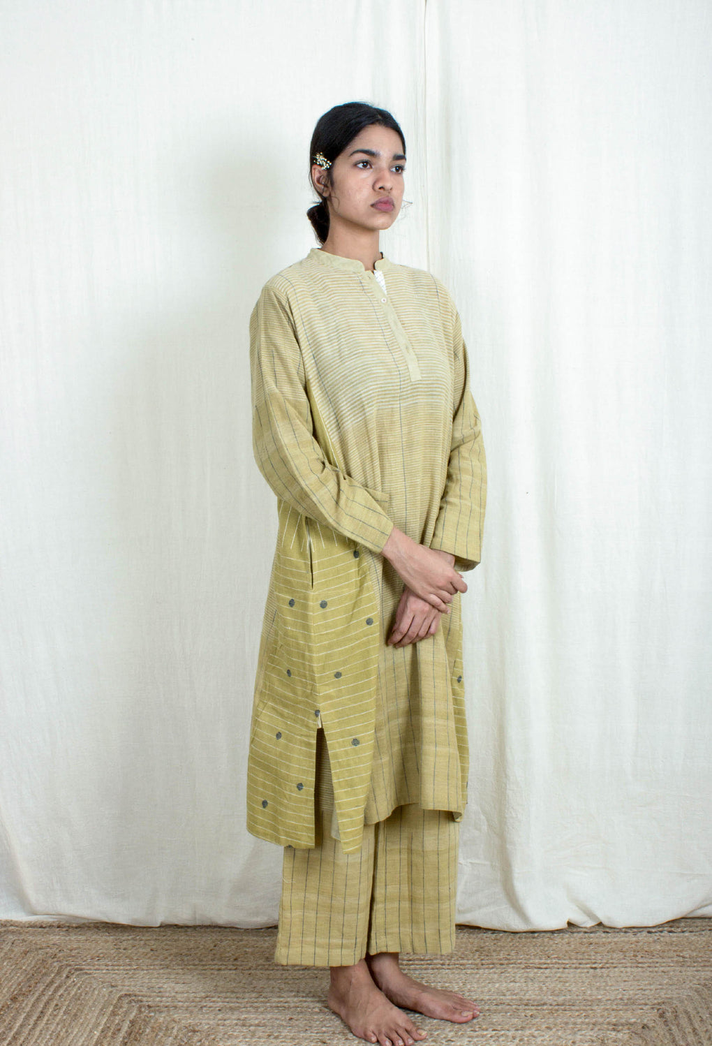 Dritan- Kala Cotton Buta, Stripe Kurta Pant Set - Karnam