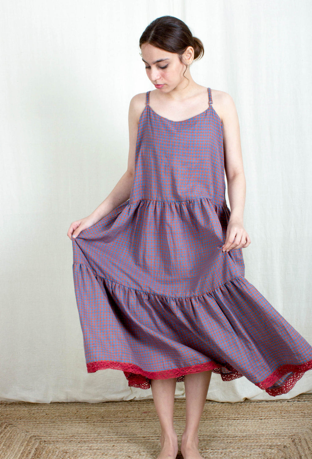 Zephyr - Gingham Sleeveless laced Dress / Slip - Karnam