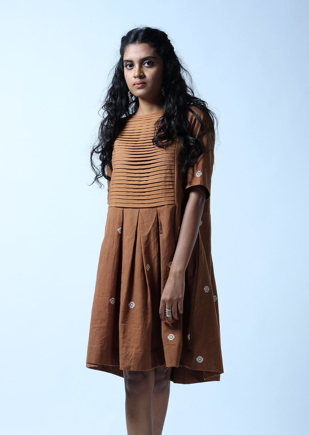 Pleated yoke embroidered buta dress - Karnam