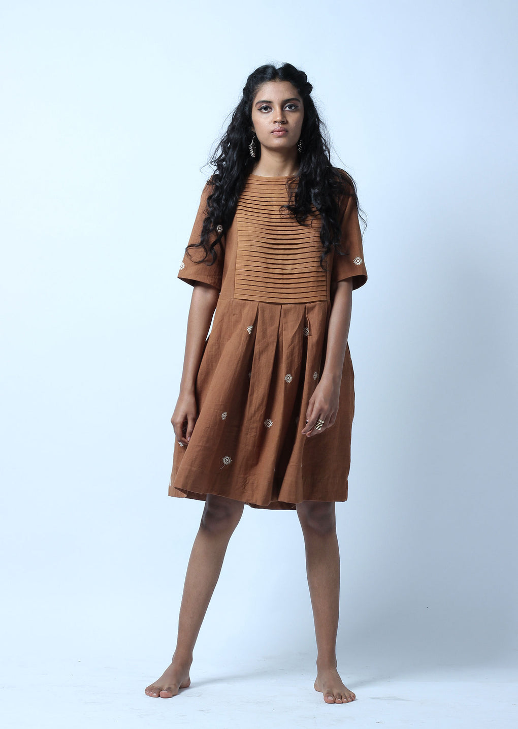 Pleated yoke embroidered buta dress - Karnam