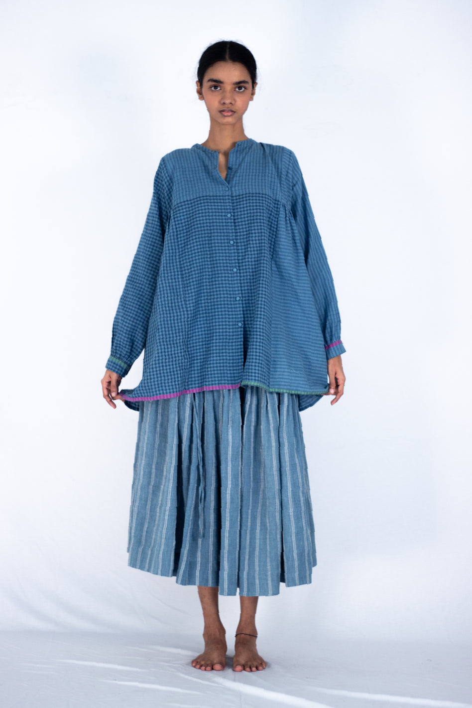 Callicarpa -Indigo stripe check top - Karnam