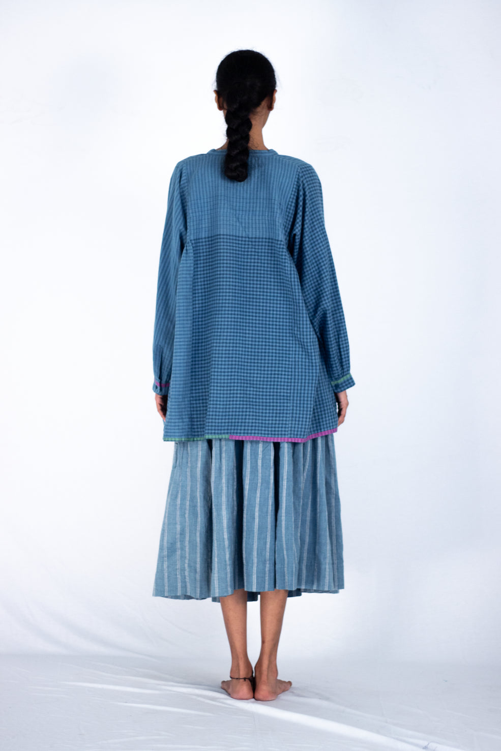 Callicarpa -Indigo stripe check top - Karnam