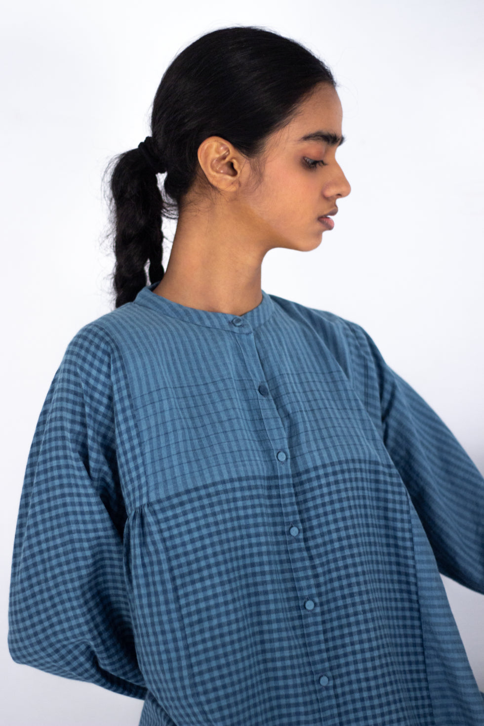 Callicarpa -Indigo stripe check top - Karnam