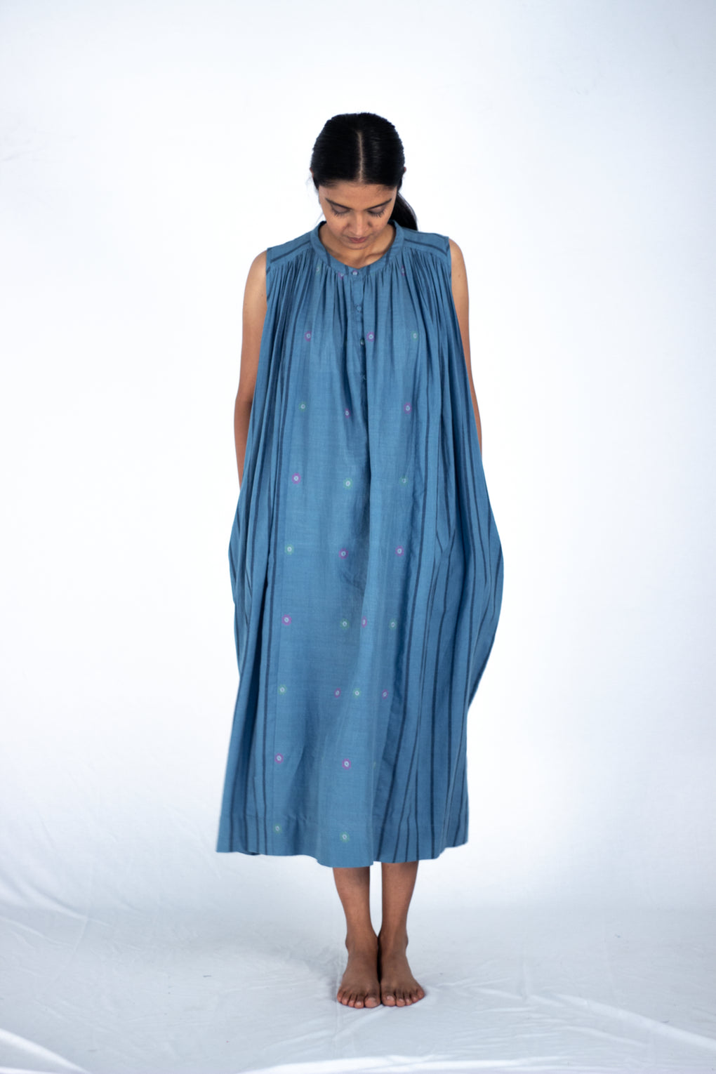 Biaude - Indigo neck gathered dress - Karnam