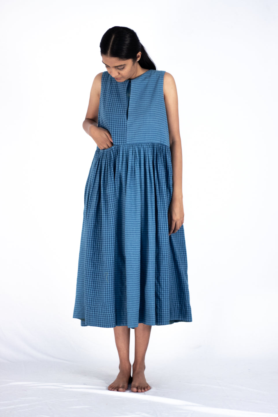 Tinnea - Check stripes indigo layered neck dress - Karnam