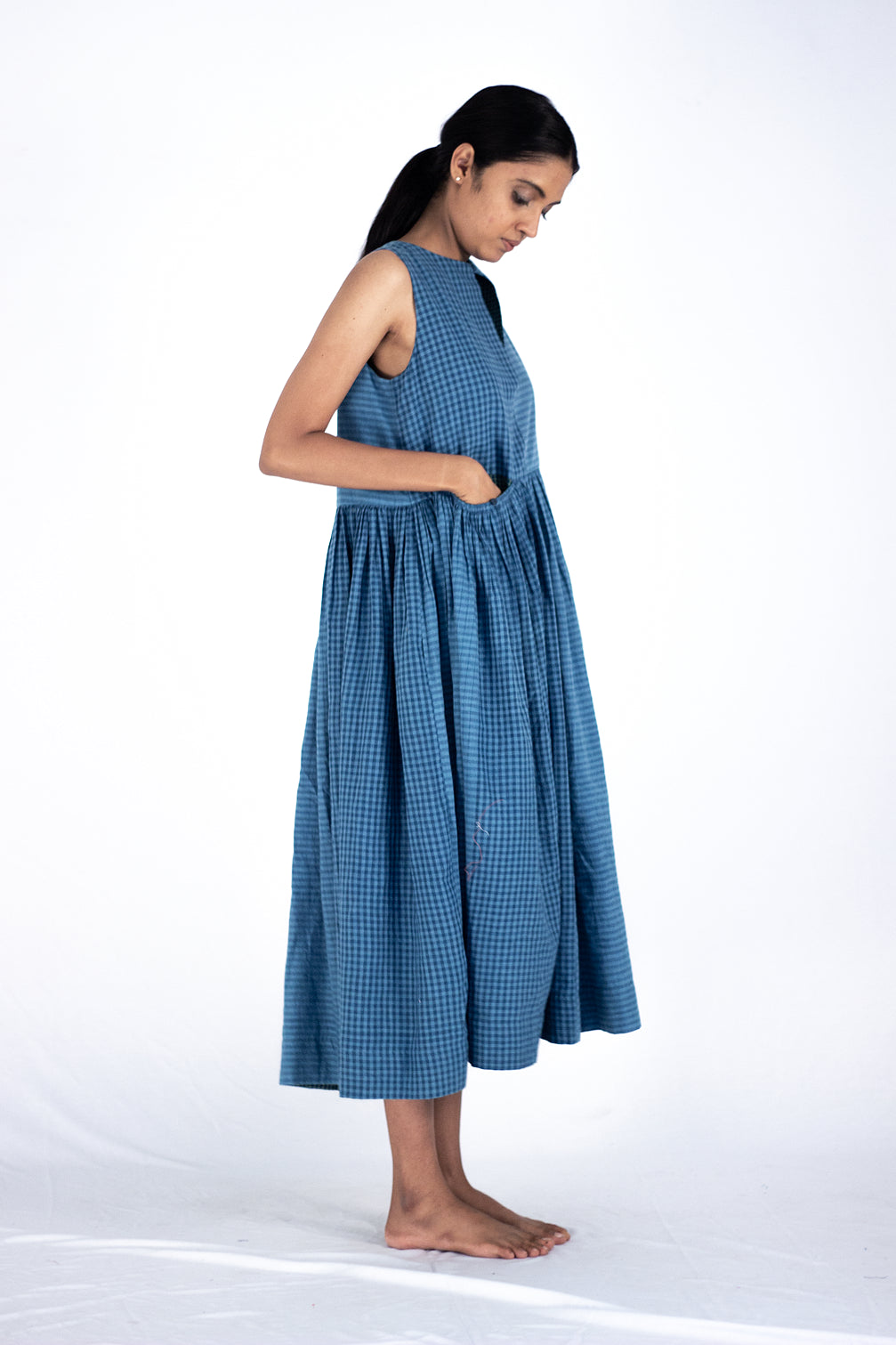 Tinnea - Check stripes indigo layered neck dress - Karnam