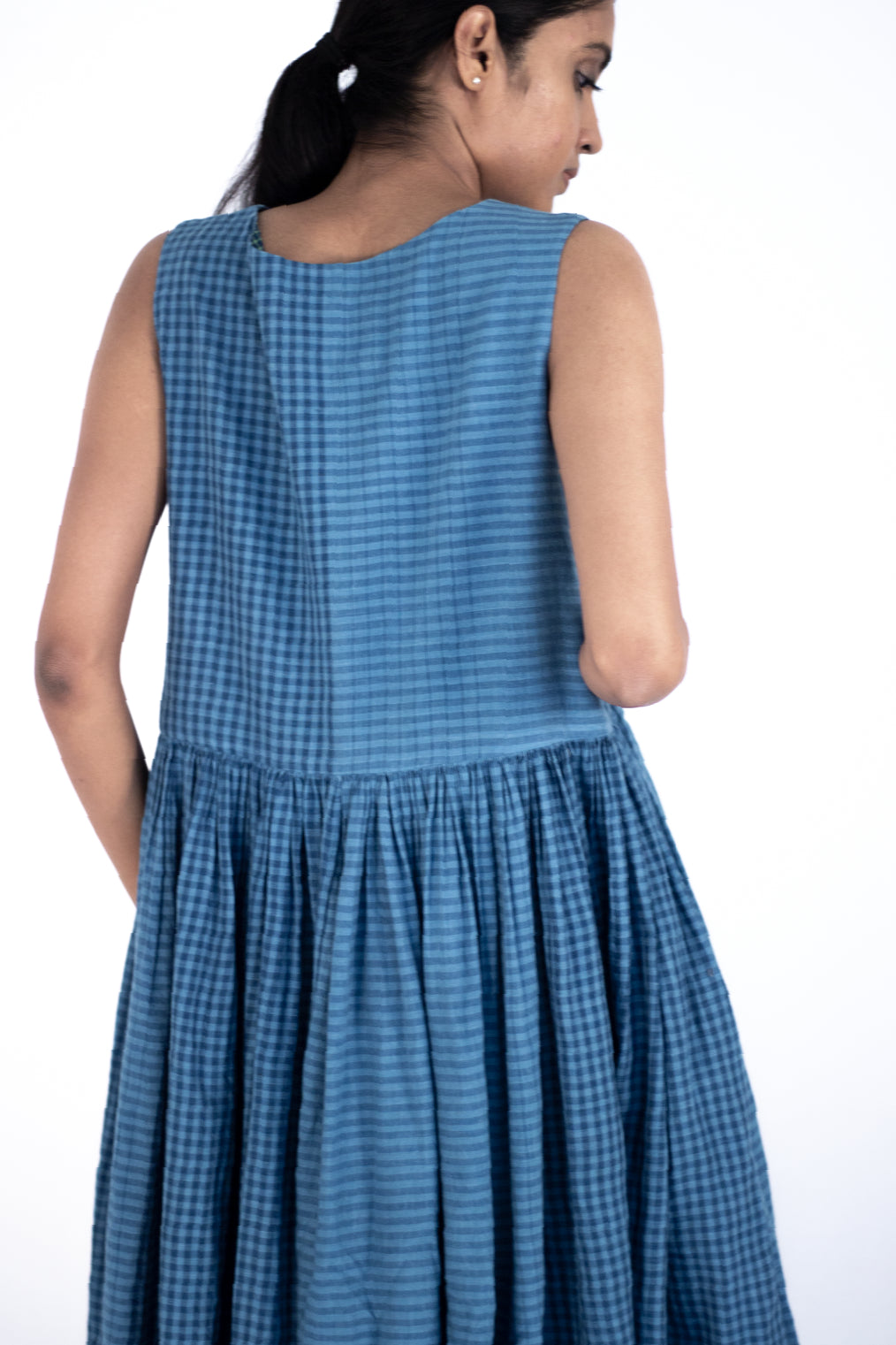 Tinnea - Check stripes indigo layered neck dress - Karnam