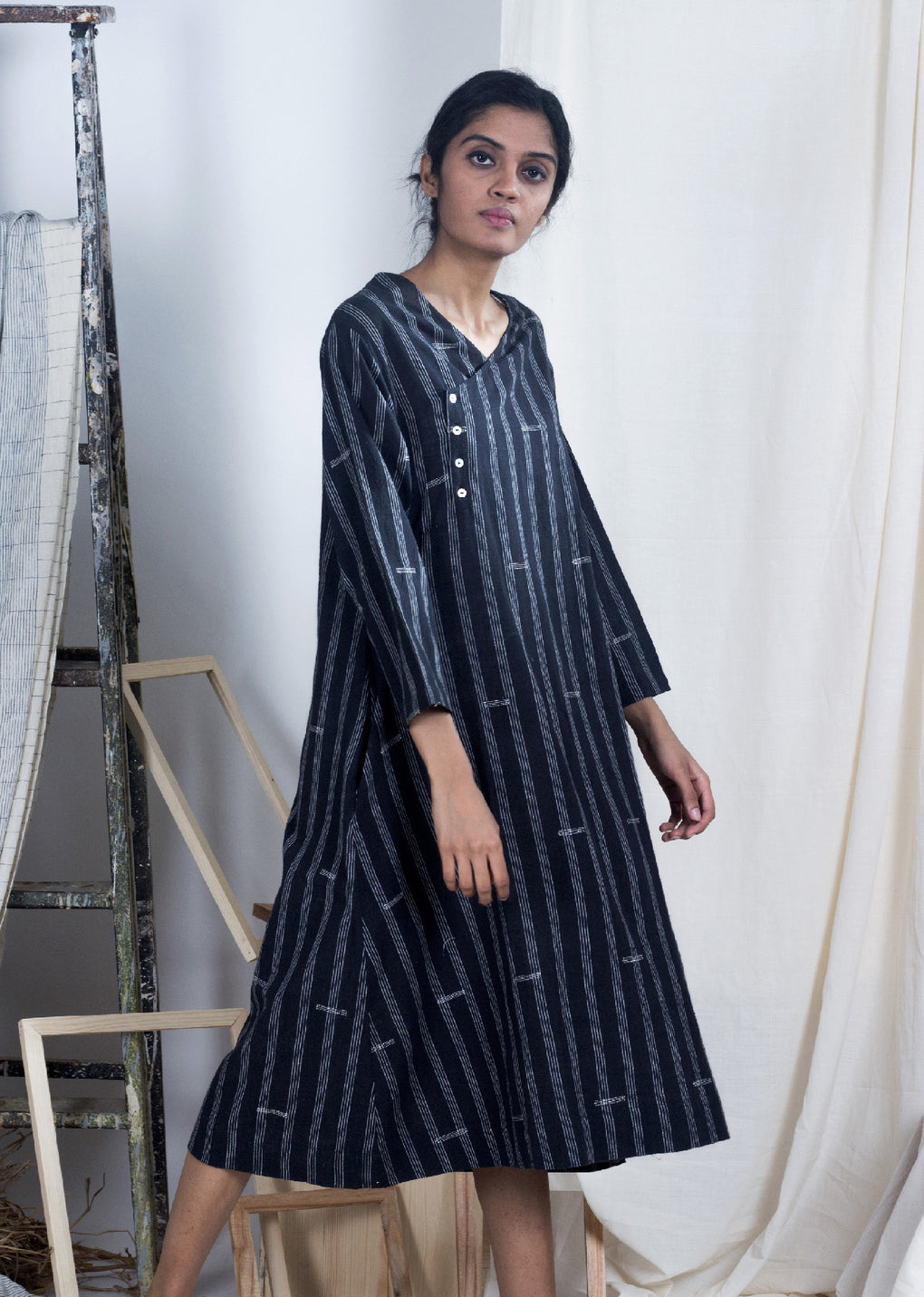 Sakegawa - Black Kala cotton buta stripe dress - Karnam