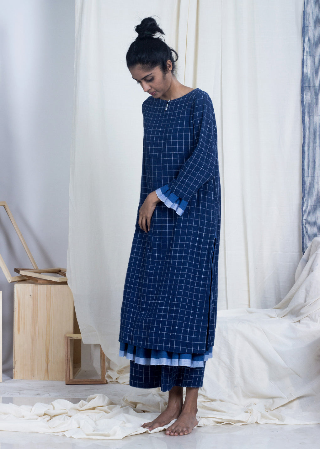 Hirata - Blue window pane check kurta pant set - Karnam