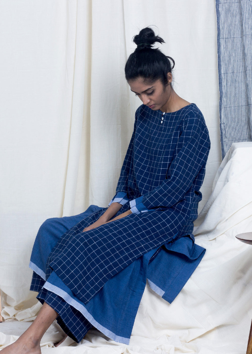 Hirata - Blue window pane check kurta pant set - Karnam