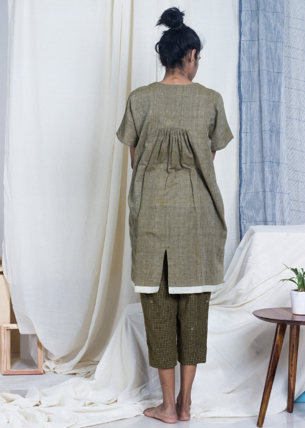 Iitate - Chambray tunic with grid check pant set - Karnam