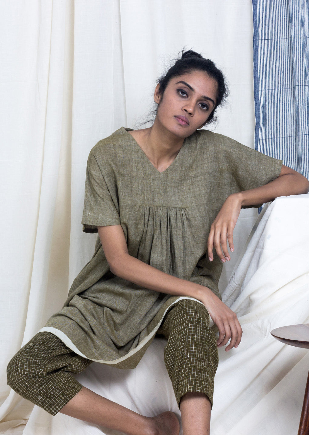 Iitate - Chambray tunic with grid check pant set - Karnam