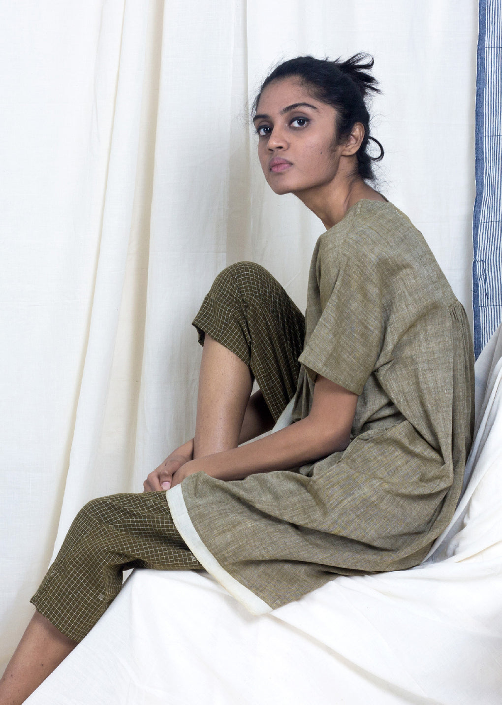 Iitate - Chambray tunic with grid check pant set - Karnam