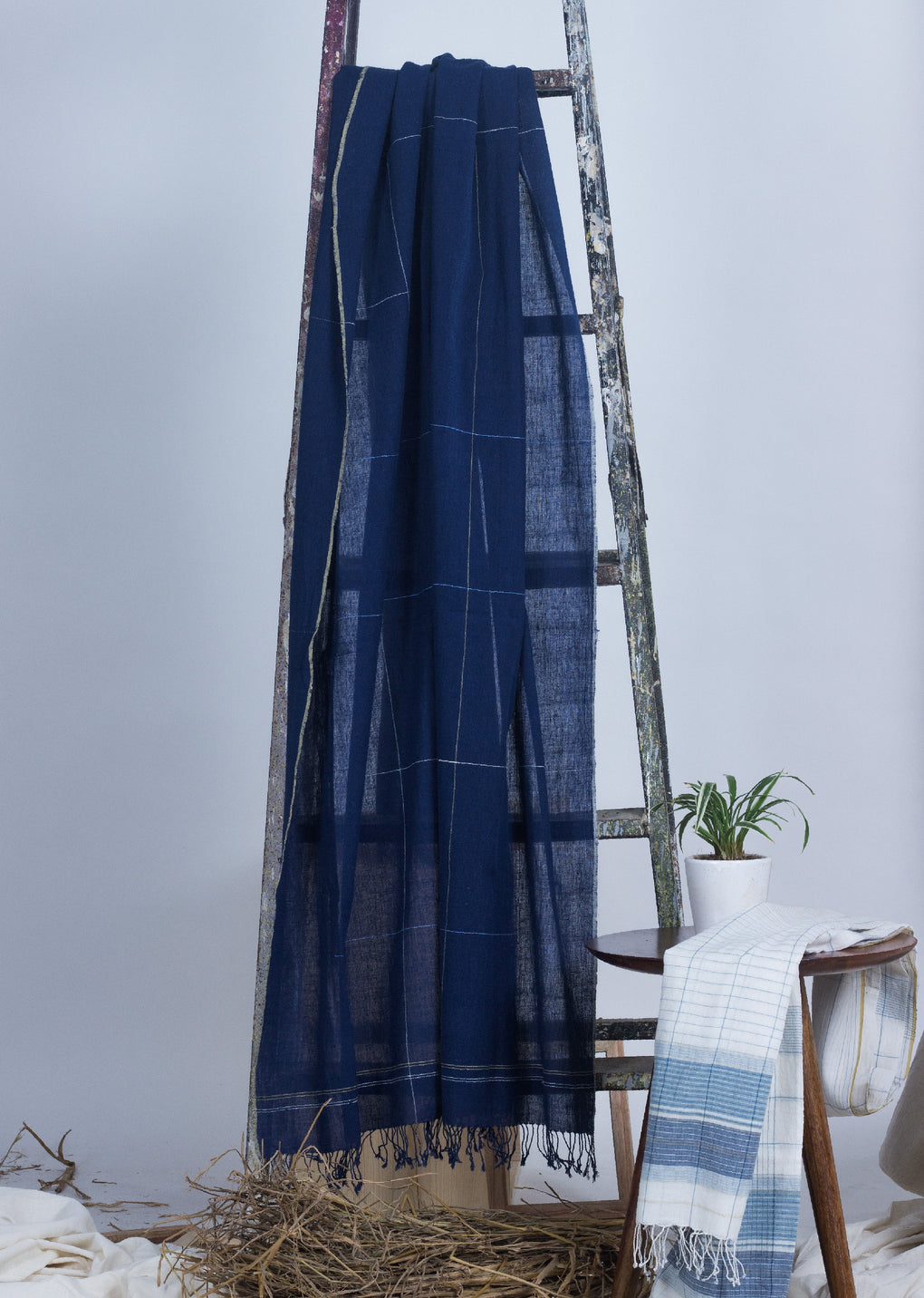 Miho - Blue kala cotton detailed stole - Karnam