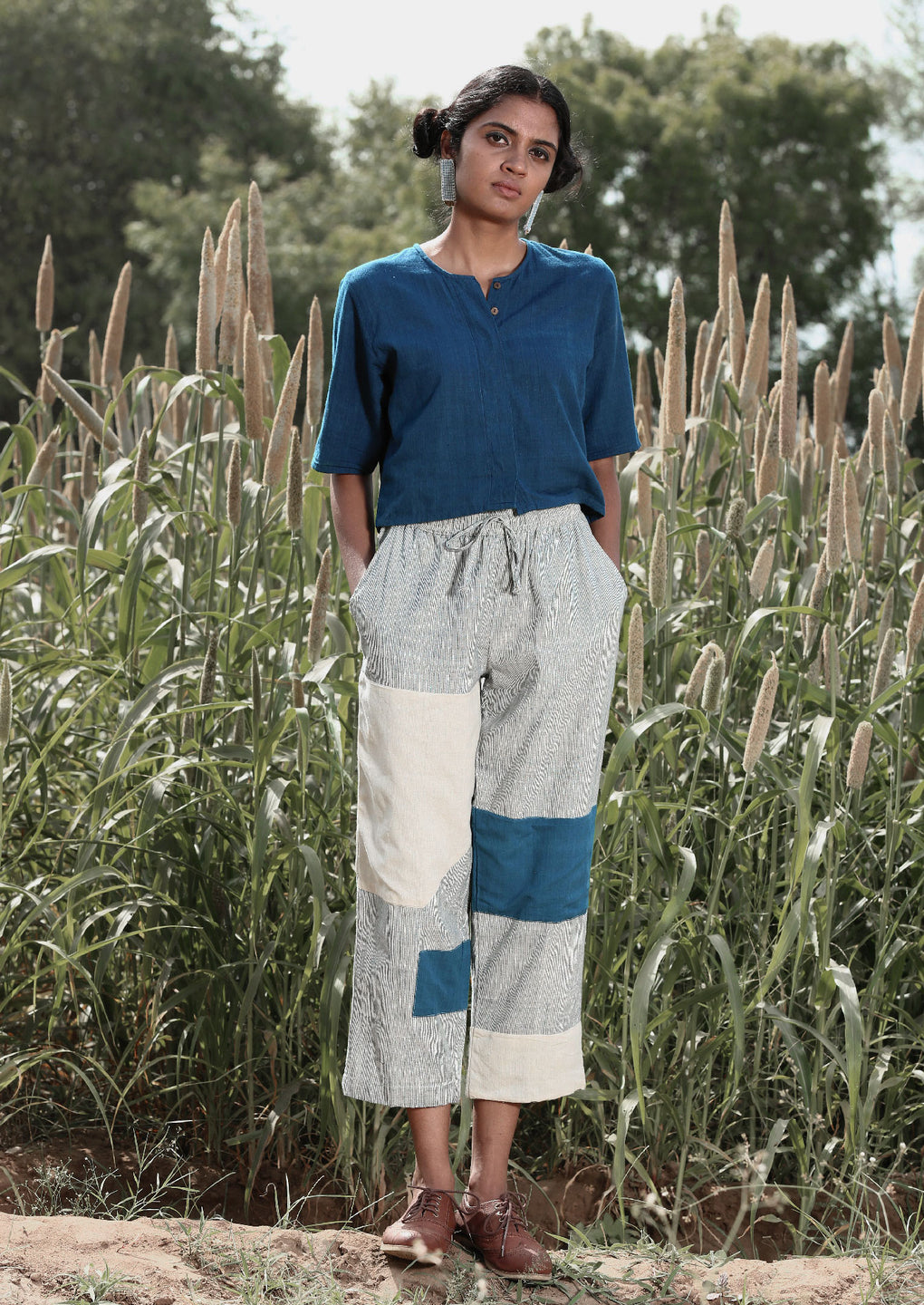 Indigo crop top & up-cycled Pin stripe pant - Karnam