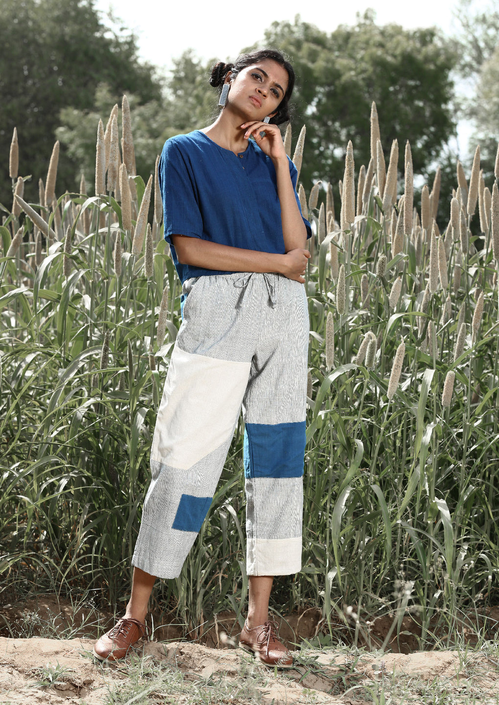 Indigo crop top & up-cycled Pin stripe pant - Karnam