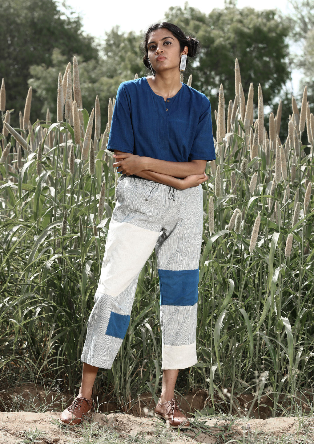 Indigo crop top & up-cycled Pin stripe pant - Karnam