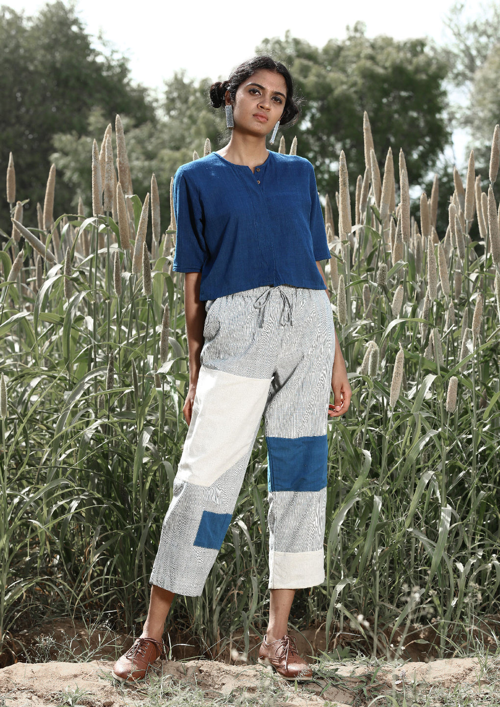 Indigo crop top & up-cycled Pin stripe pant - Karnam