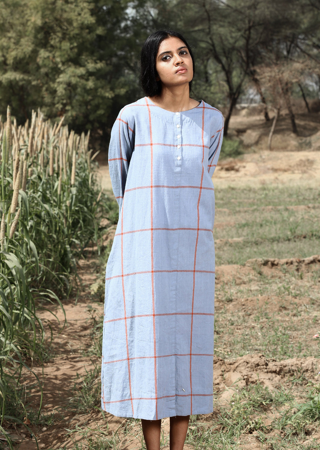 Window pane check long dress - Karnam