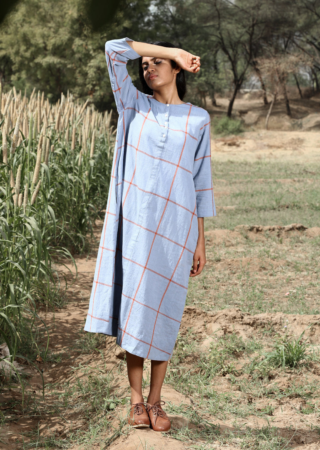 Window pane check long dress - Karnam