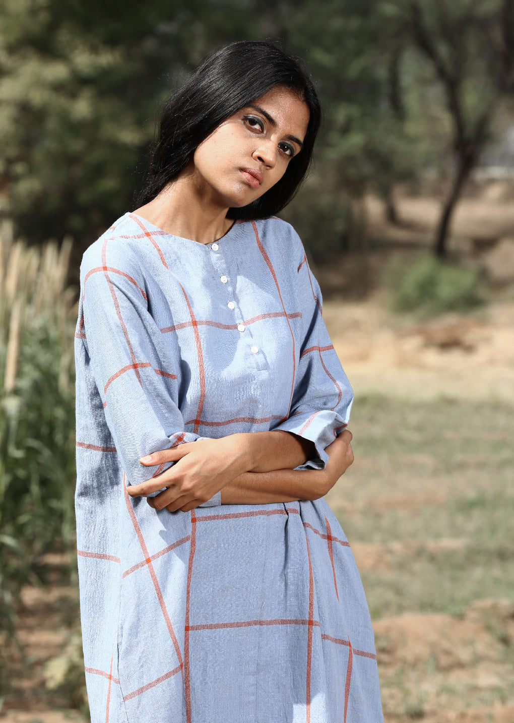 Window pane check long dress - Karnam