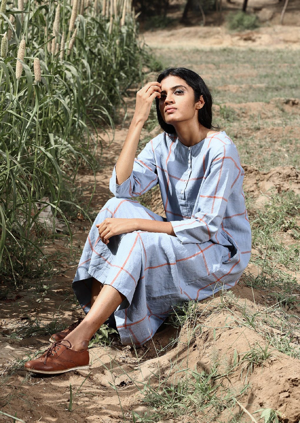 Window pane check long dress - Karnam